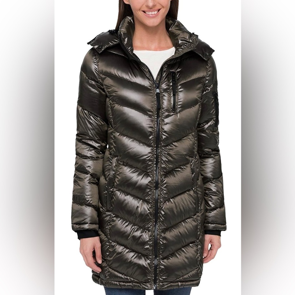 Andrew Marc Long Down Feather Fill Dark Green Puffer Coat Hooded Packable Jacket